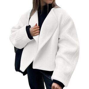 Women's White Tankaneo Cropped Pea Coat Lapel Open Front Winter Jacket
